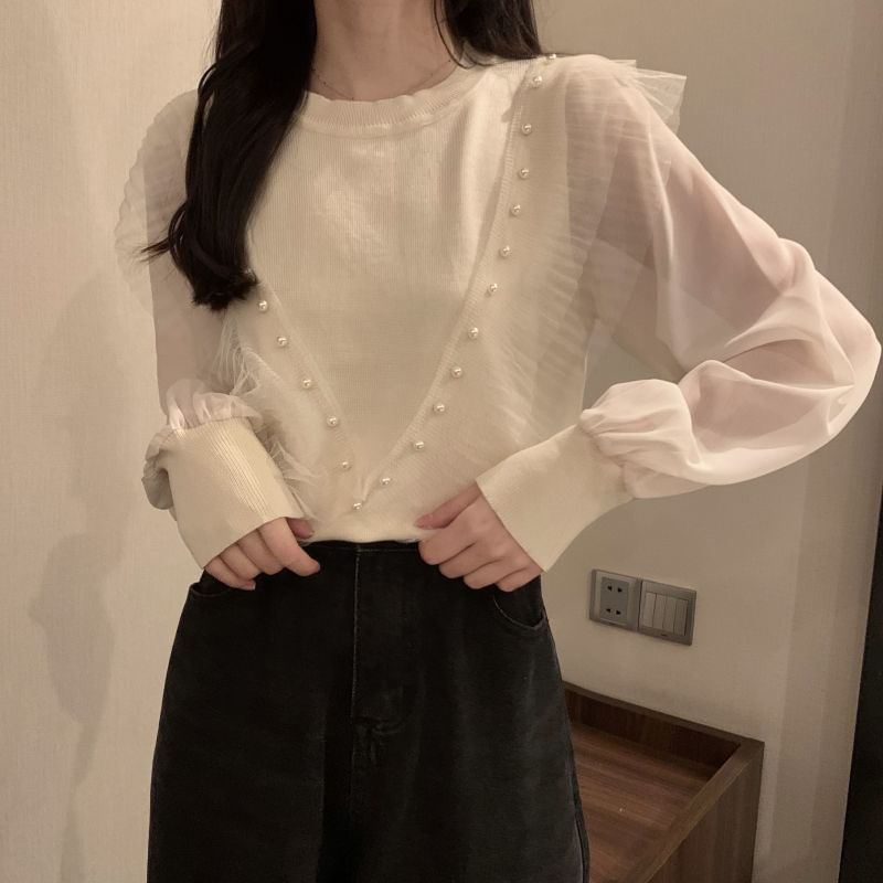 Ruffle Knit Crew Pearl Faux Trim Long-Sleeve Neck Plain Top