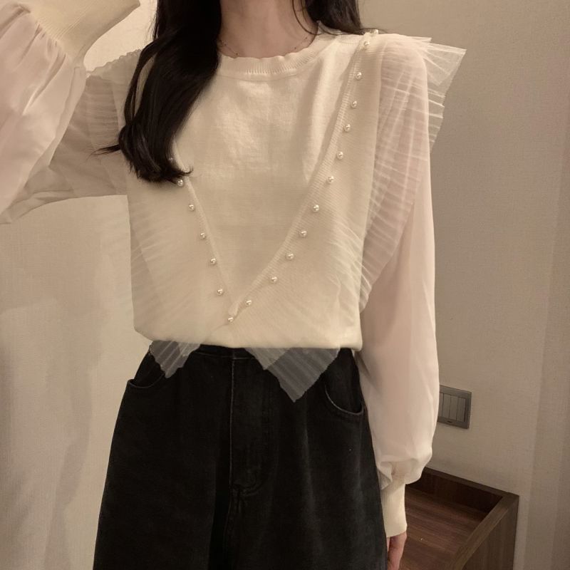 Ruffle Knit Crew Pearl Faux Trim Long-Sleeve Neck Plain Top