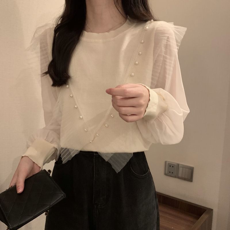 Ruffle Knit Crew Pearl Faux Trim Long-Sleeve Neck Plain Top