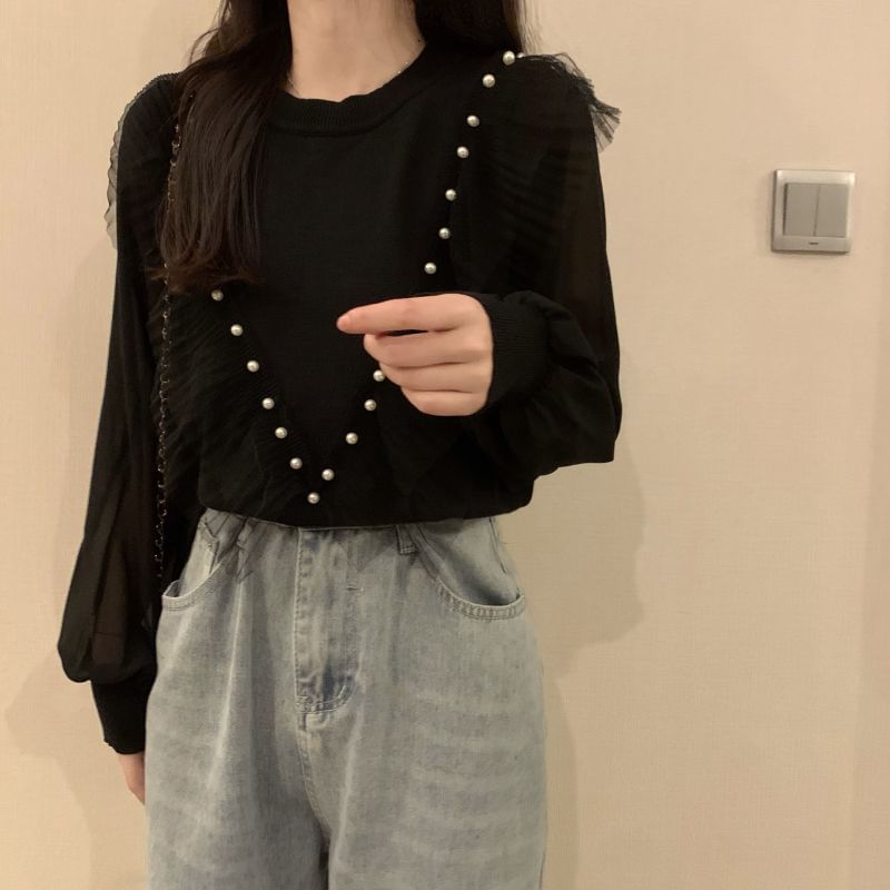 Ruffle Knit Crew Pearl Faux Trim Long-Sleeve Neck Plain Top