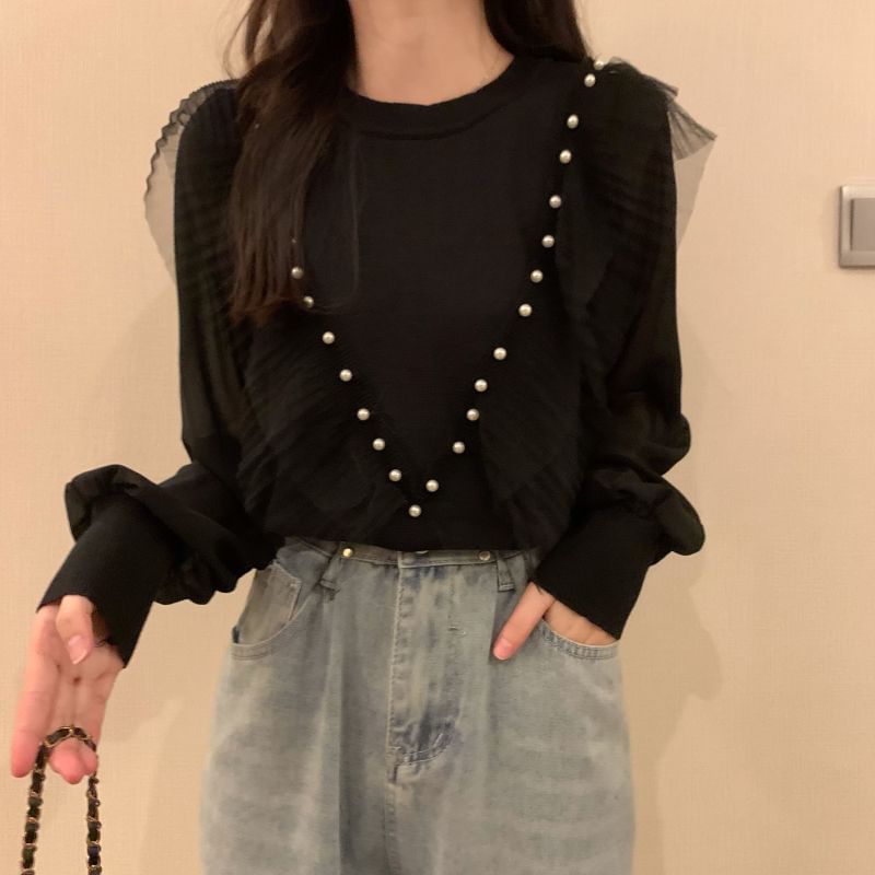 Ruffle Knit Crew Pearl Faux Trim Long-Sleeve Neck Plain Top