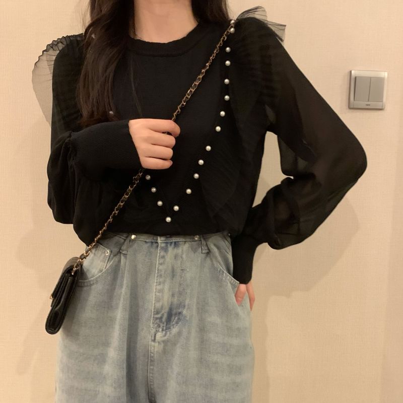 Ruffle Knit Crew Pearl Faux Trim Long-Sleeve Neck Plain Top