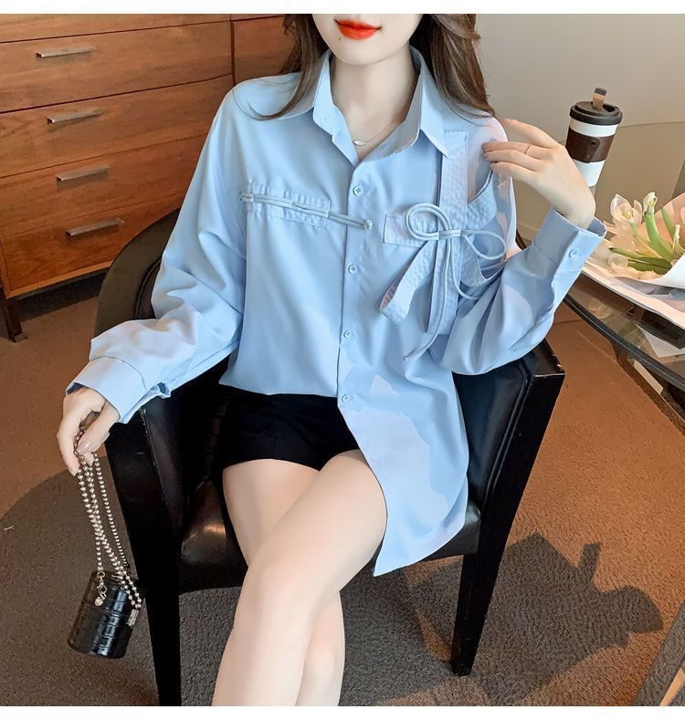 Plain Long-Sleeve Shirt Bow Accent