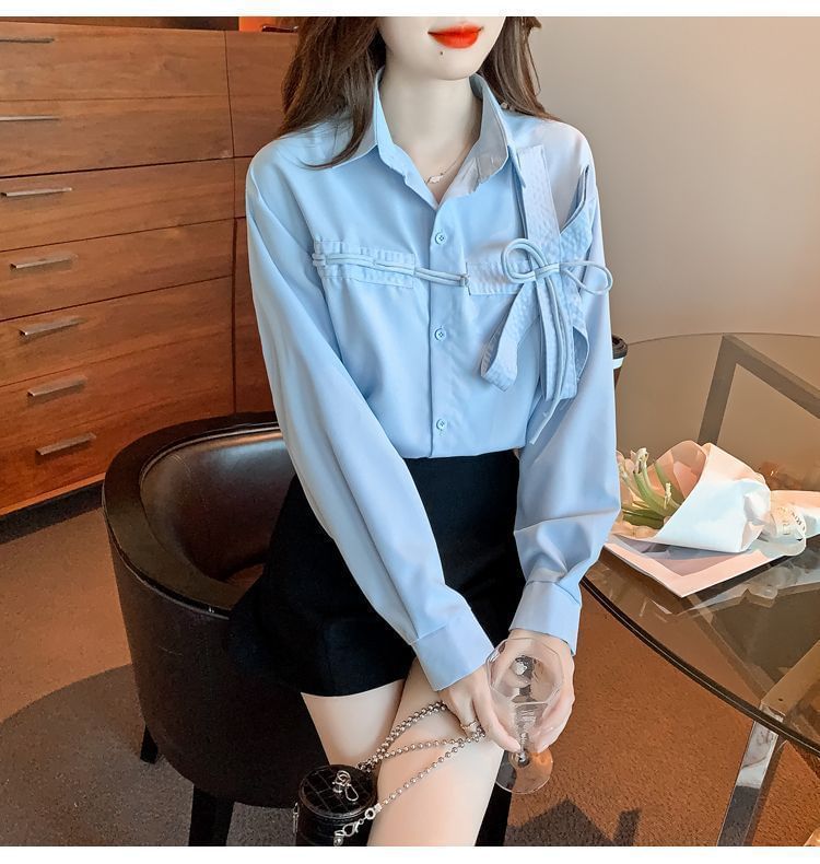 Plain Long-Sleeve Shirt Bow Accent