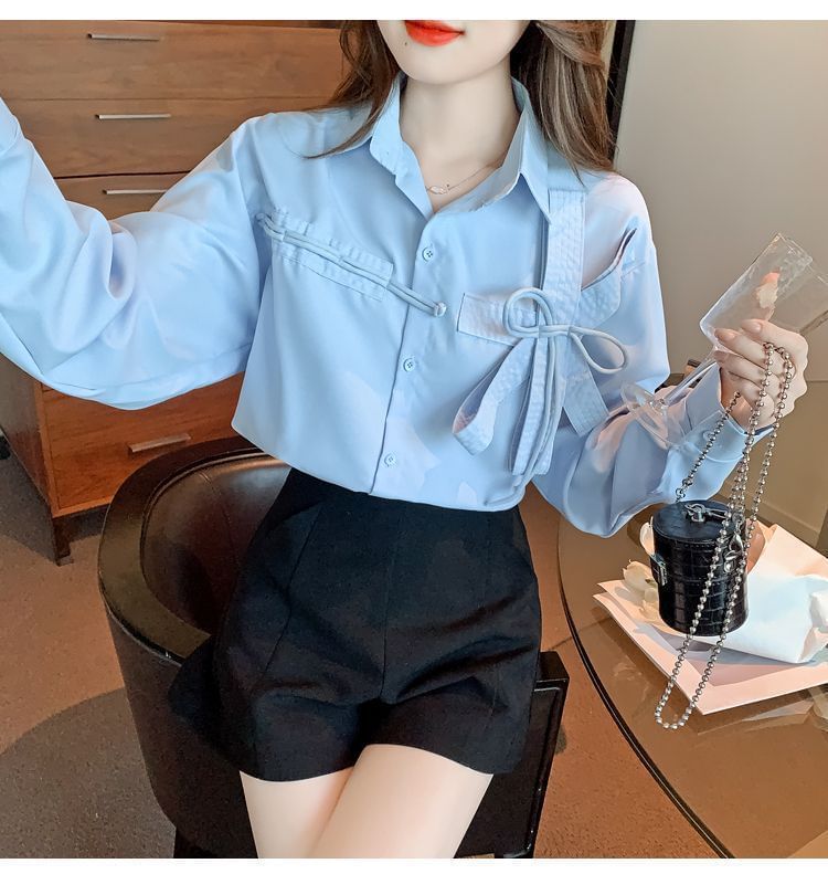 Plain Long-Sleeve Shirt Bow Accent