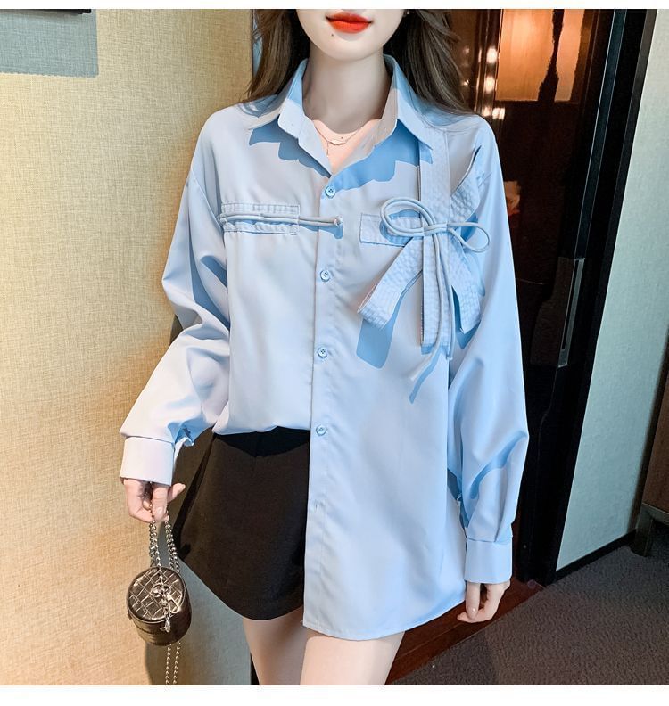 Plain Long-Sleeve Shirt Bow Accent