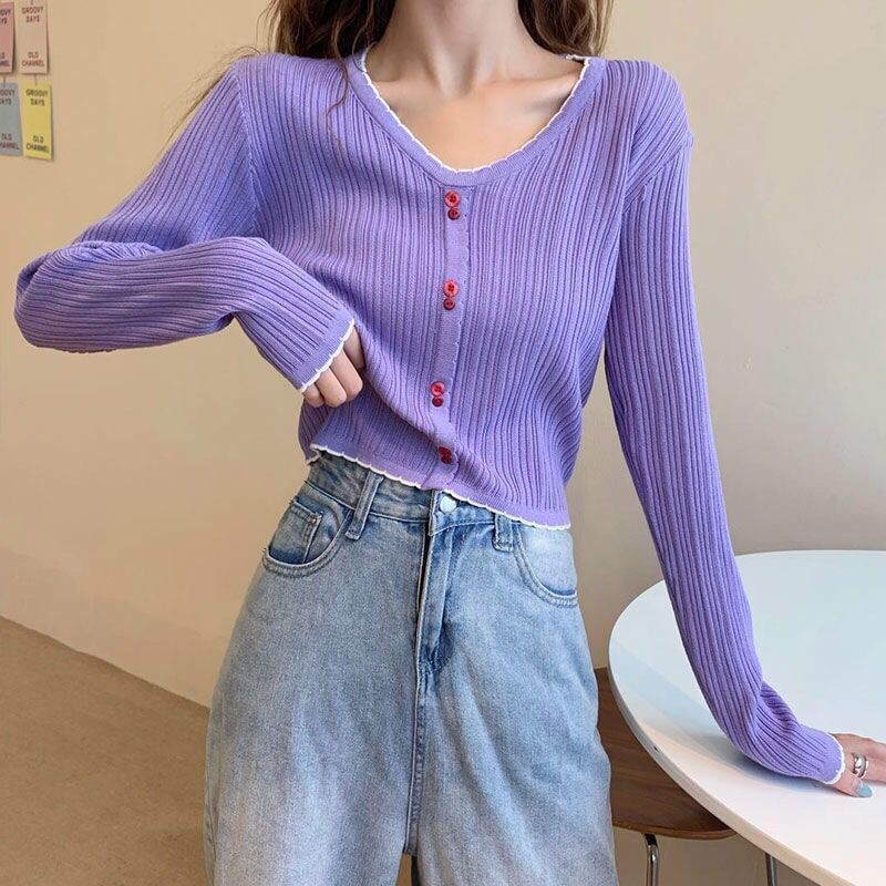 Trim Top Contrast Ribbed Knit Long-Sleeve V-Neck Crop Button