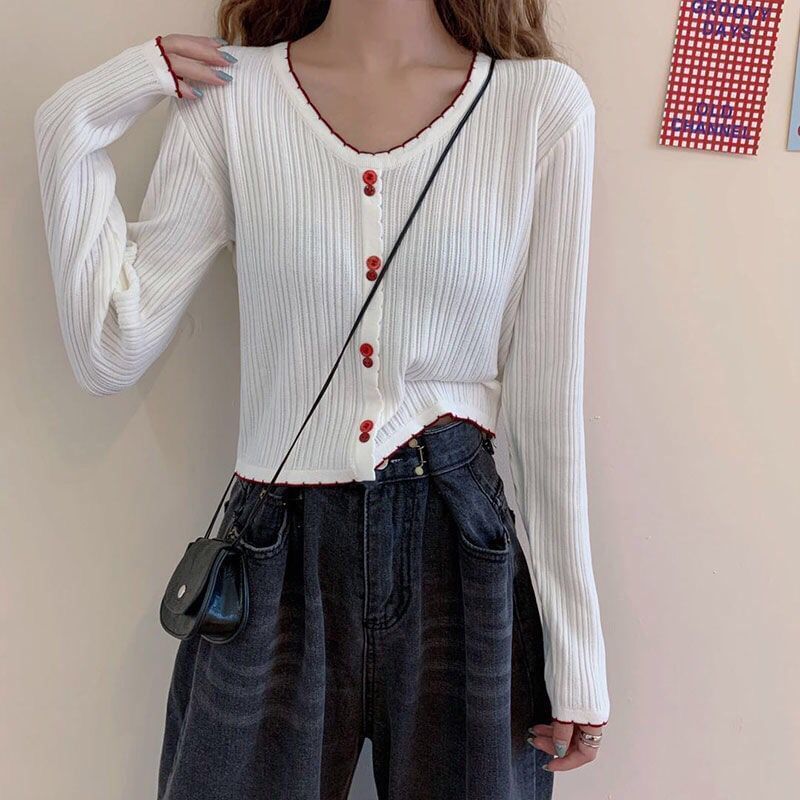 Trim Top Contrast Ribbed Knit Long-Sleeve V-Neck Crop Button
