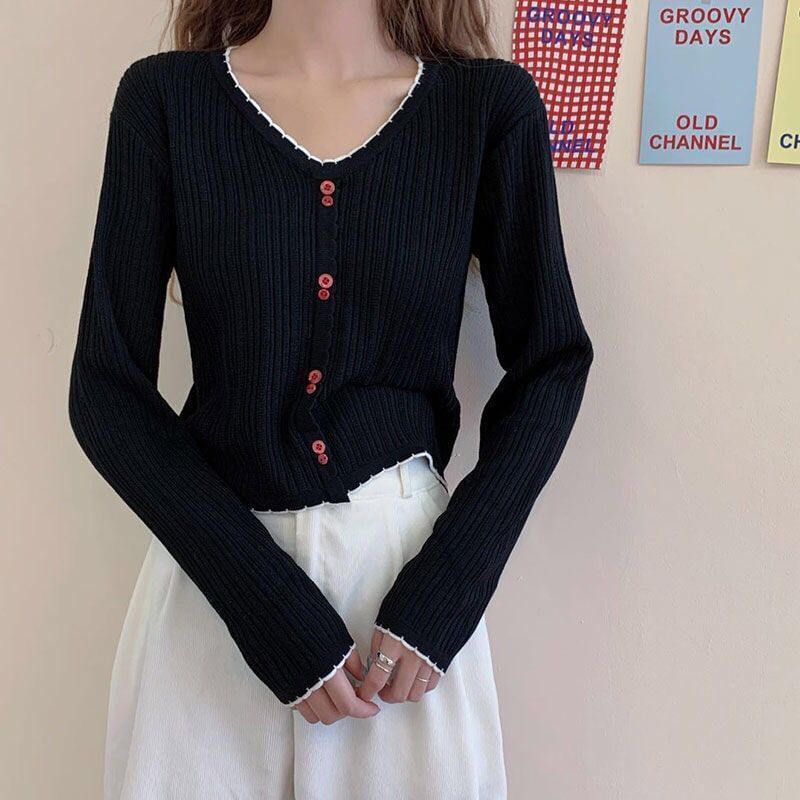 Trim Top Contrast Ribbed Knit Long-Sleeve V-Neck Crop Button