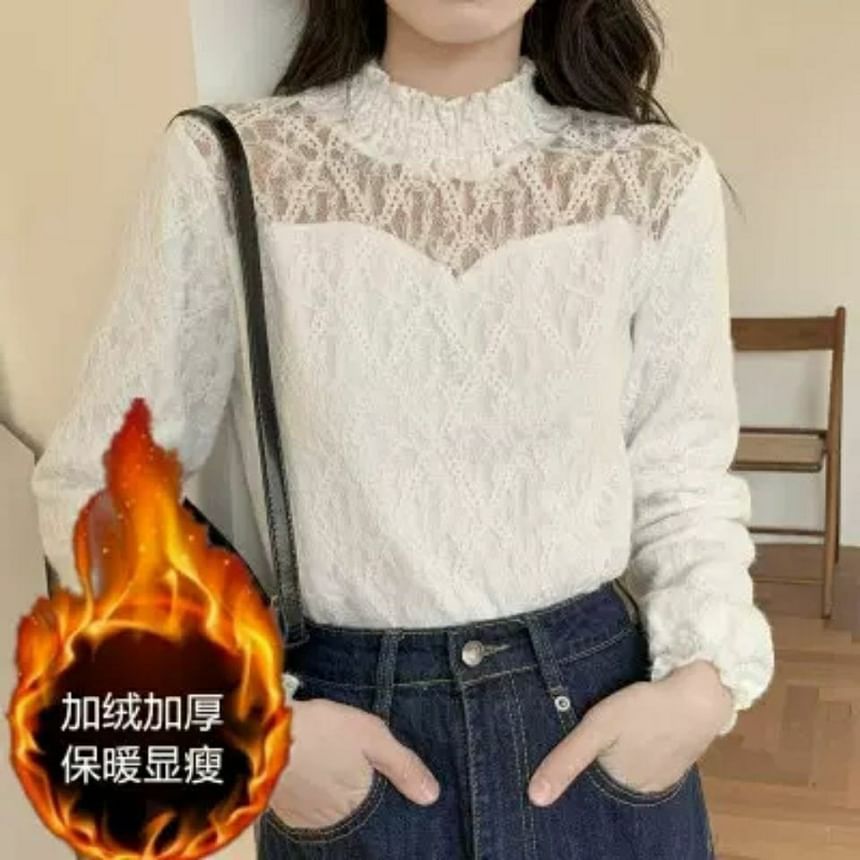 Mock Lace Plain Top Neck Long-Sleeve