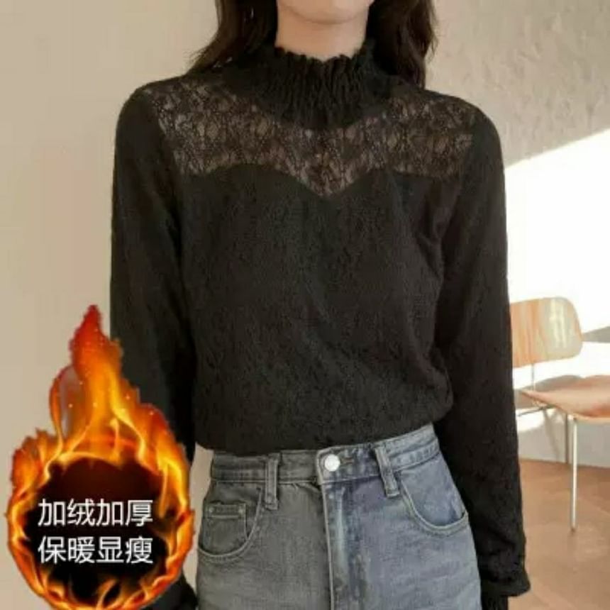 Mock Lace Plain Top Neck Long-Sleeve