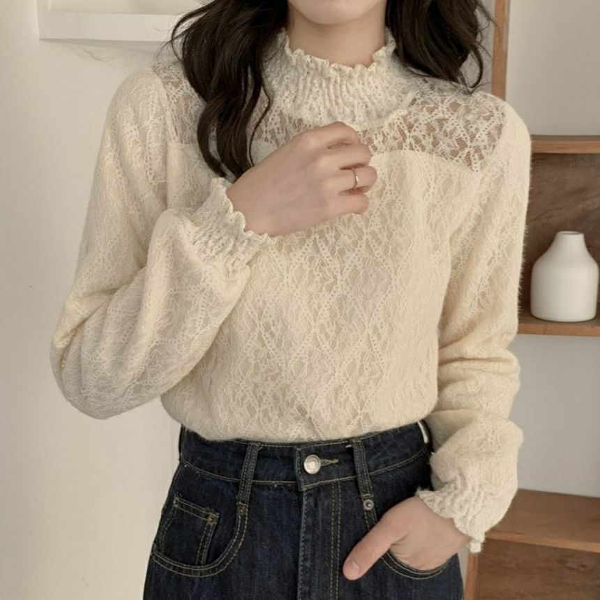 Mock Lace Plain Top Neck Long-Sleeve