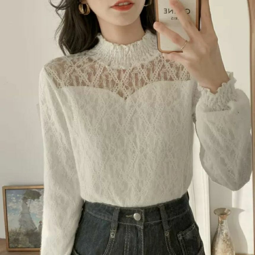 Mock Lace Plain Top Neck Long-Sleeve