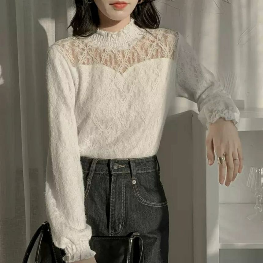 Mock Lace Plain Top Neck Long-Sleeve