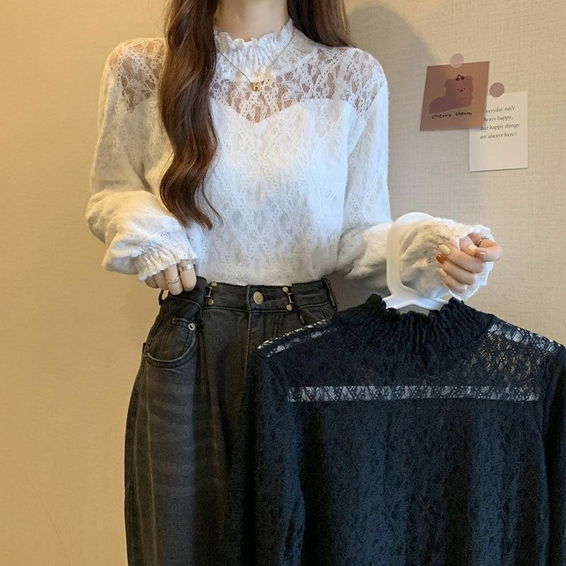 Mock Lace Plain Top Neck Long-Sleeve