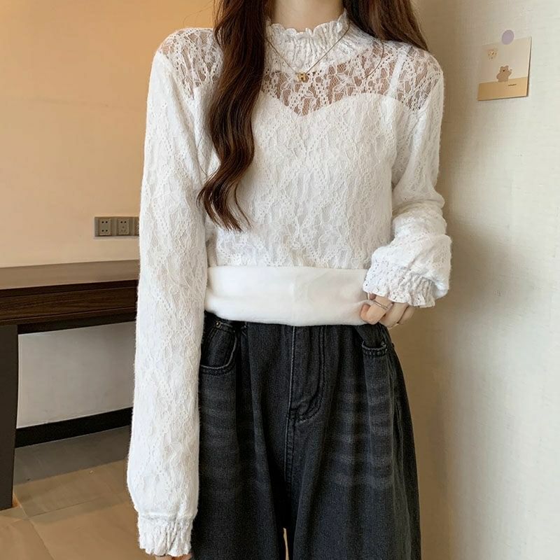 Mock Lace Plain Top Neck Long-Sleeve