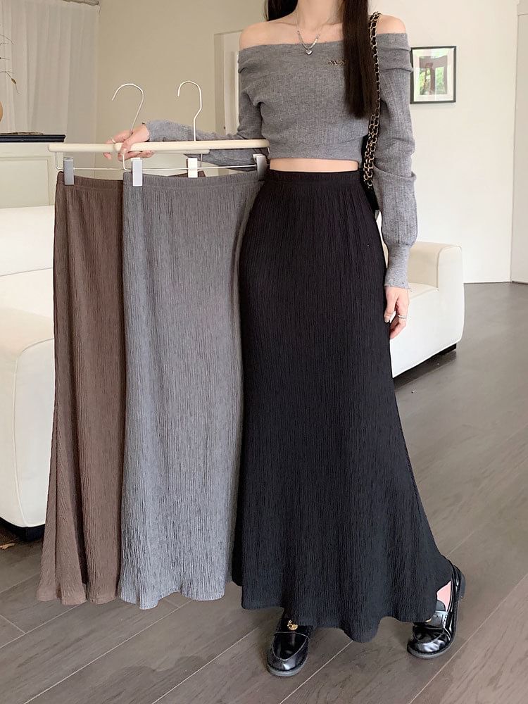 Plain Elastic Midi Waist Skirt A-Line