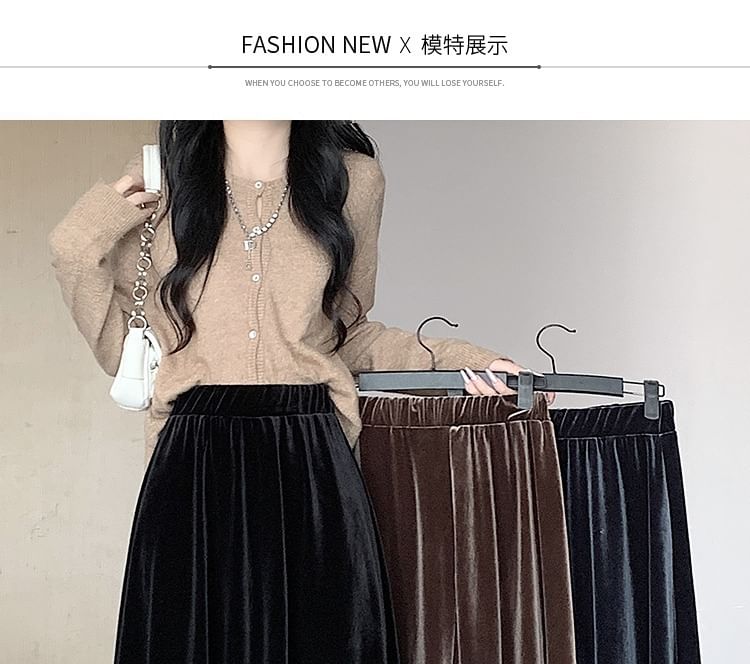 Waist Velvet Plain A-Line Skirt Midi Elastic