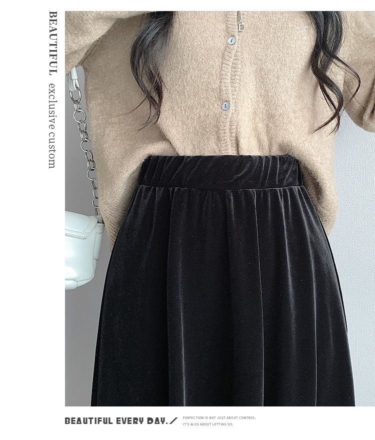 Waist Velvet Plain A-Line Skirt Midi Elastic