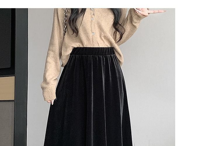 Waist Velvet Plain A-Line Skirt Midi Elastic