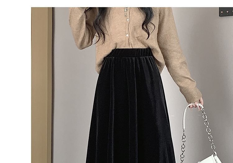 Waist Velvet Plain A-Line Skirt Midi Elastic