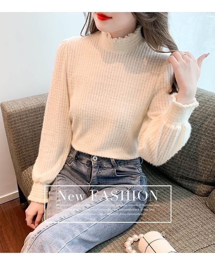 Plain Long-Sleeve Top Mock Neck Lace