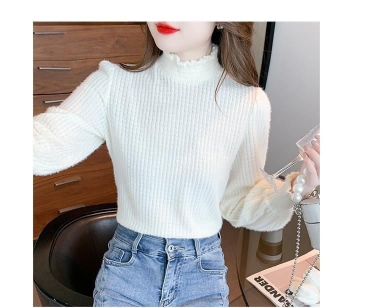 Plain Long-Sleeve Top Mock Neck Lace