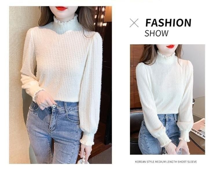 Plain Long-Sleeve Top Mock Neck Lace