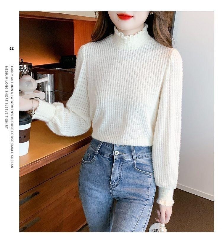Plain Long-Sleeve Top Mock Neck Lace