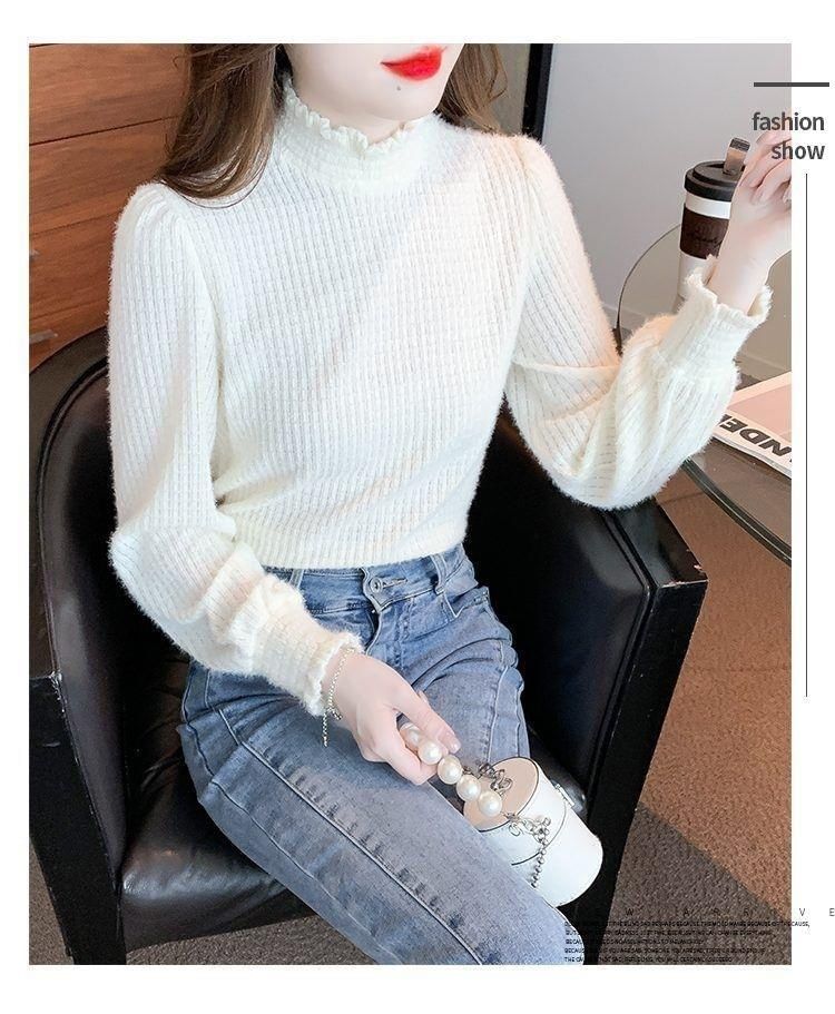 Plain Long-Sleeve Top Mock Neck Lace
