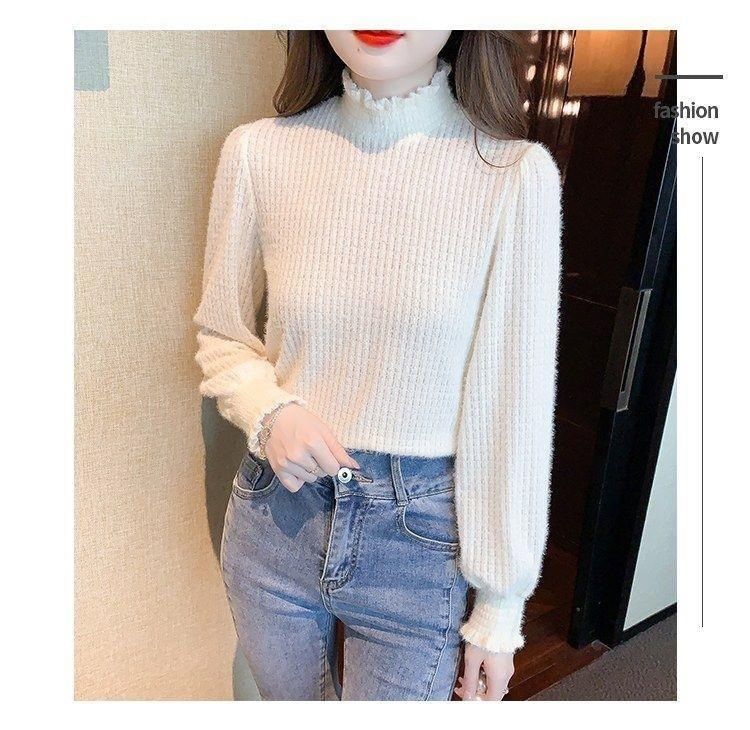Plain Long-Sleeve Top Mock Neck Lace