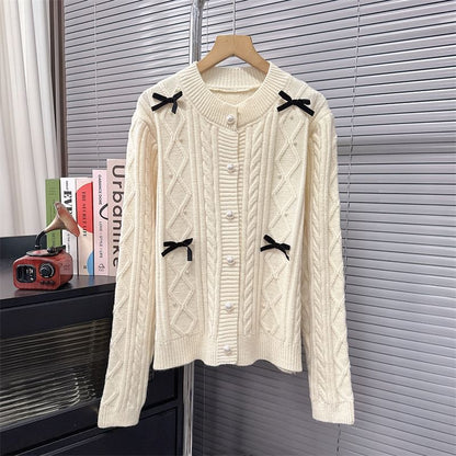 Bow Accent Faux Pearl Cardigan