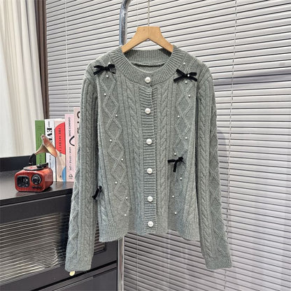 Bow Accent Faux Pearl Cardigan