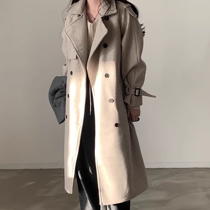 Plain Tie Waist Midi Double-Breasted Coat