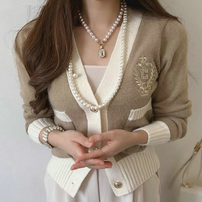 Contrast Trim Embroidered Cardigan