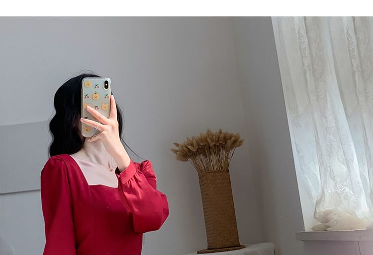 Neck A-Line Dress Long-Sleeve Square Plain Midi