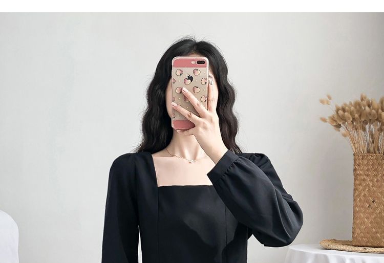 Neck A-Line Dress Long-Sleeve Square Plain Midi