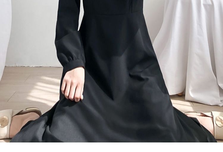 Neck A-Line Dress Long-Sleeve Square Plain Midi