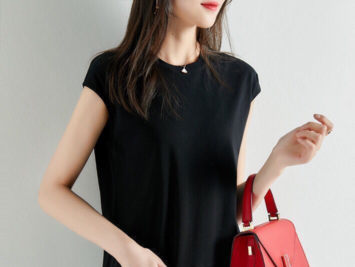 Shift Neck Dress Crew Midi Plain Cap-Sleeve
