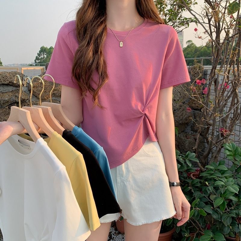 Asymmetrical Plain T-Shirt Short-Sleeve Ruched Neck Crew Crop