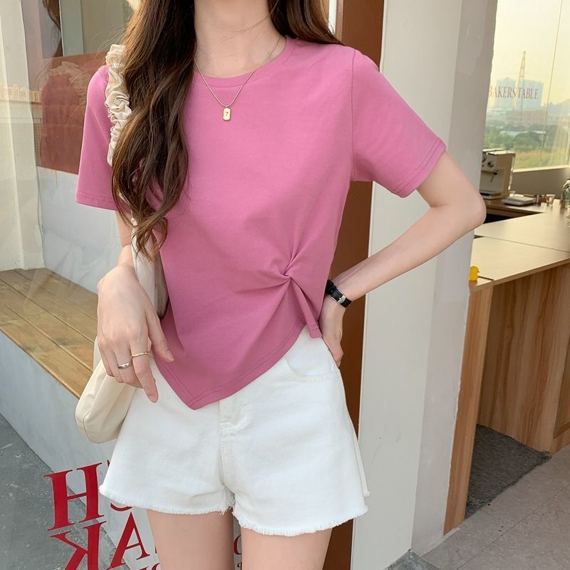 Asymmetrical Plain T-Shirt Short-Sleeve Ruched Neck Crew Crop