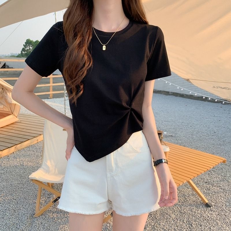 Asymmetrical Plain T-Shirt Short-Sleeve Ruched Neck Crew Crop