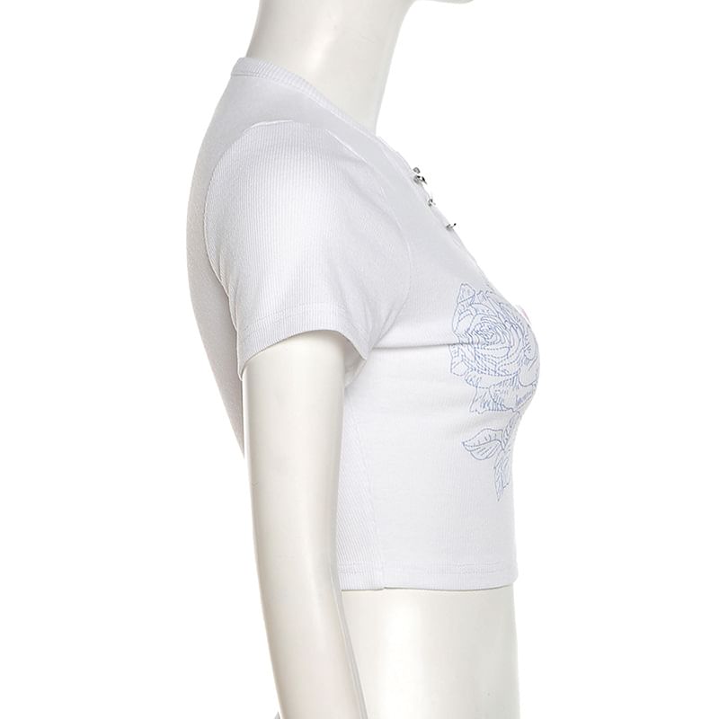 Floral Slim Crop Pin Notch Fit Accent T-Shirt Neck Safety Print Ribbed Short-Sleeve