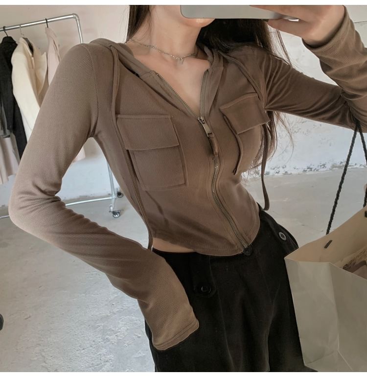 Crop Slim Plain Zip-Up Fit Hoodie