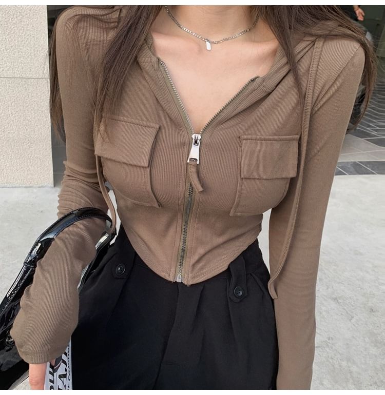 Crop Slim Plain Zip-Up Fit Hoodie