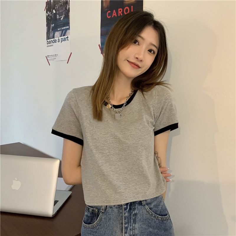 Neck Short-Sleeve Crop Crew T-Shirt Contrast Trim