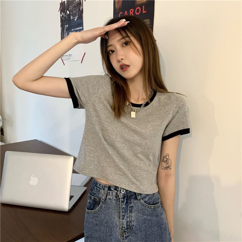 Neck Short-Sleeve Crop Crew T-Shirt Contrast Trim