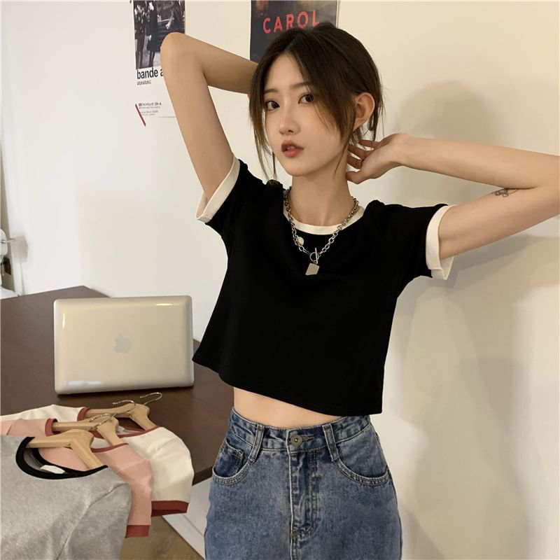 Neck Short-Sleeve Crop Crew T-Shirt Contrast Trim