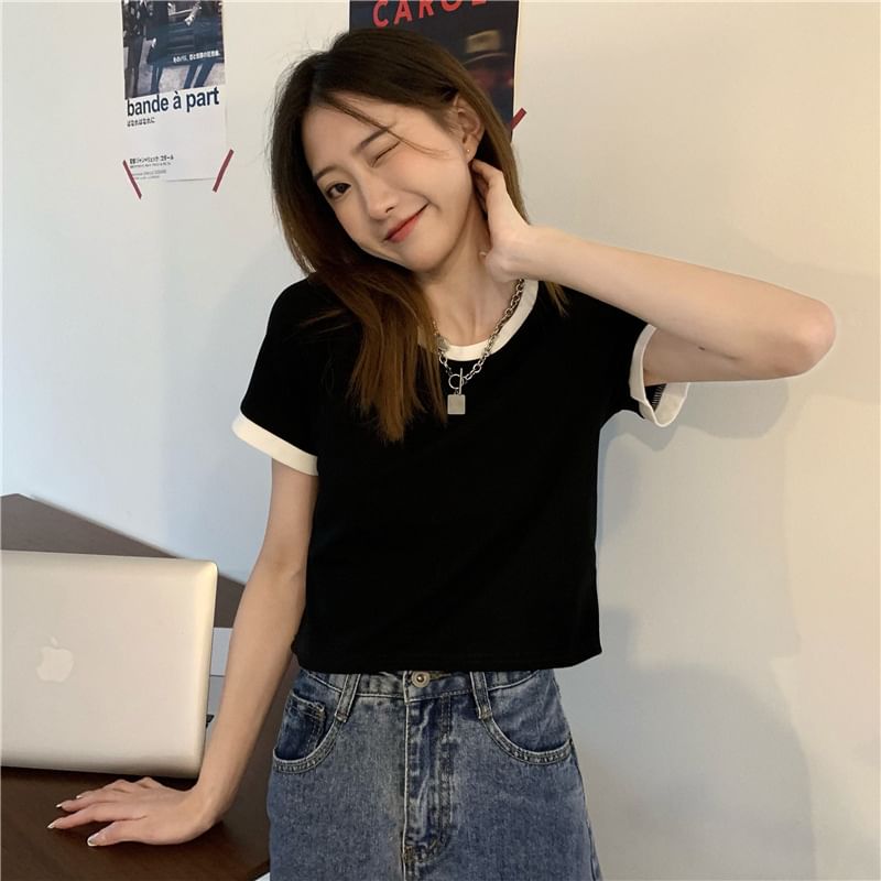 Neck Short-Sleeve Crop Crew T-Shirt Contrast Trim