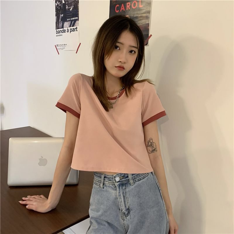 Neck Short-Sleeve Crop Crew T-Shirt Contrast Trim